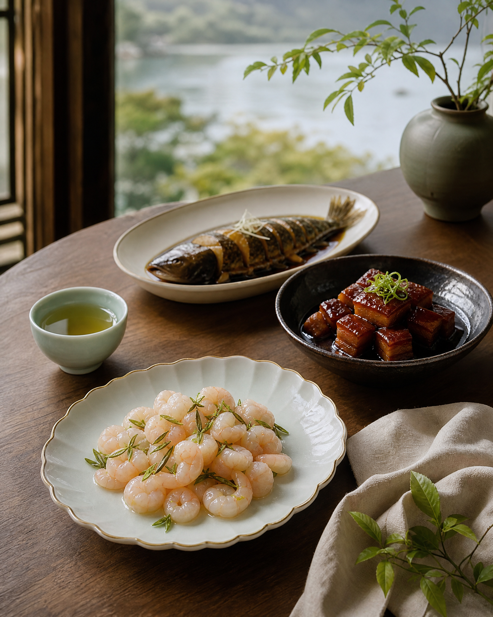 以杭州菜為靈感的生活誌餐桌插圖,擺有茶香蝦仁、燉肉與醋魚概念菜式