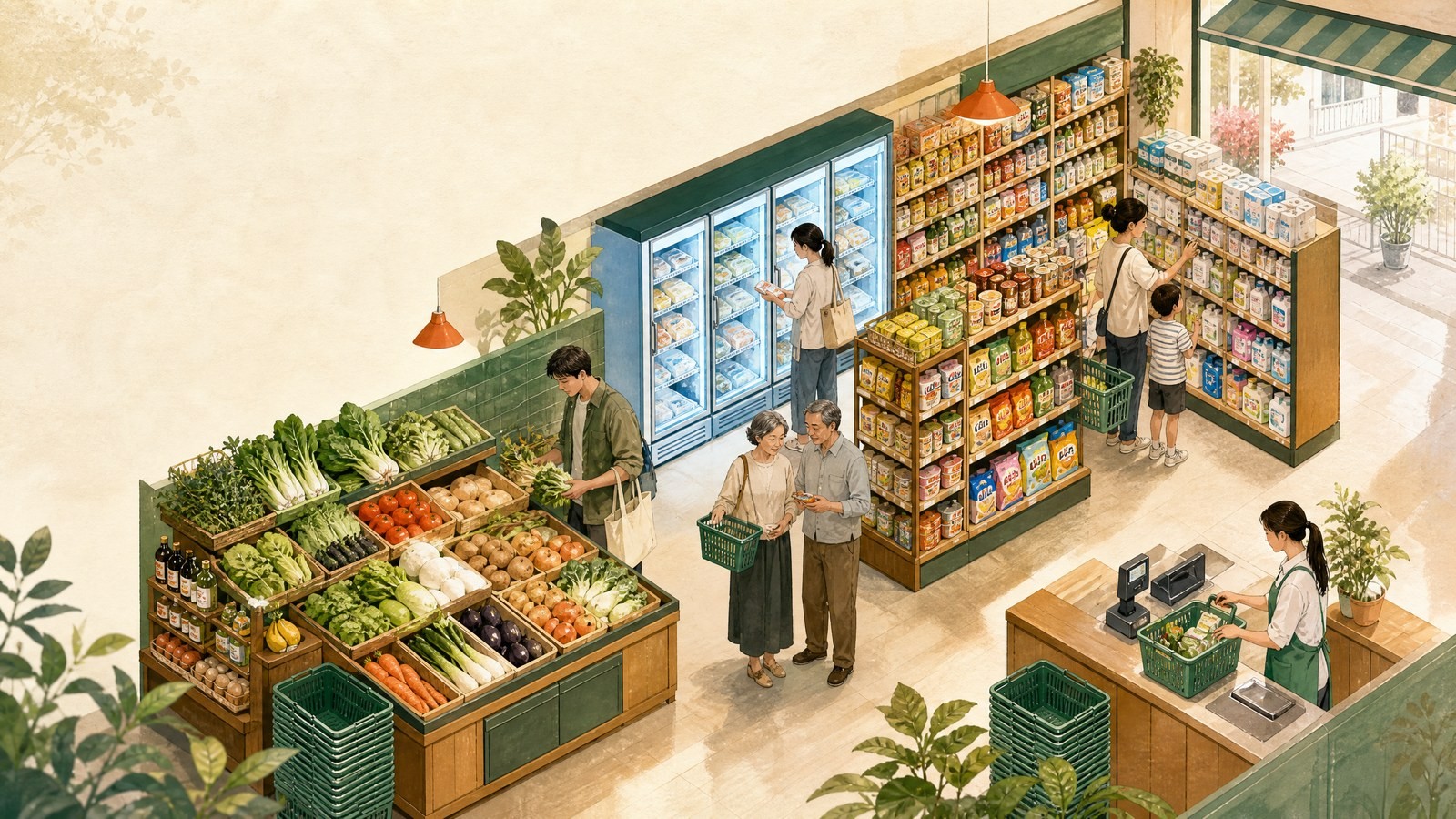 香港社區超市與折扣零售渠道的原創插圖:蔬果、冷凍食品、進口零食及日用品貨架