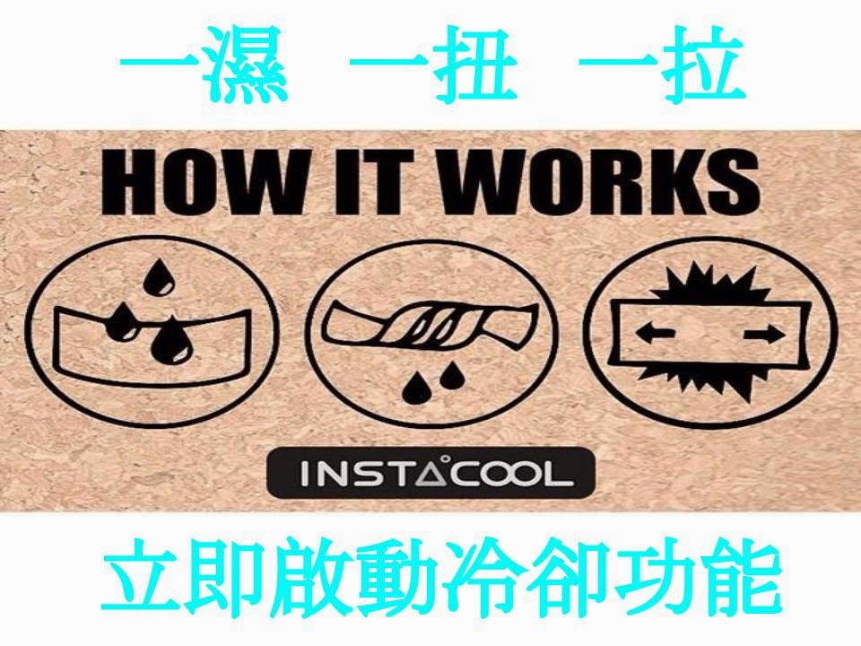 Instacool 冰涼毛巾一濕一扭一拉的三步使用示意