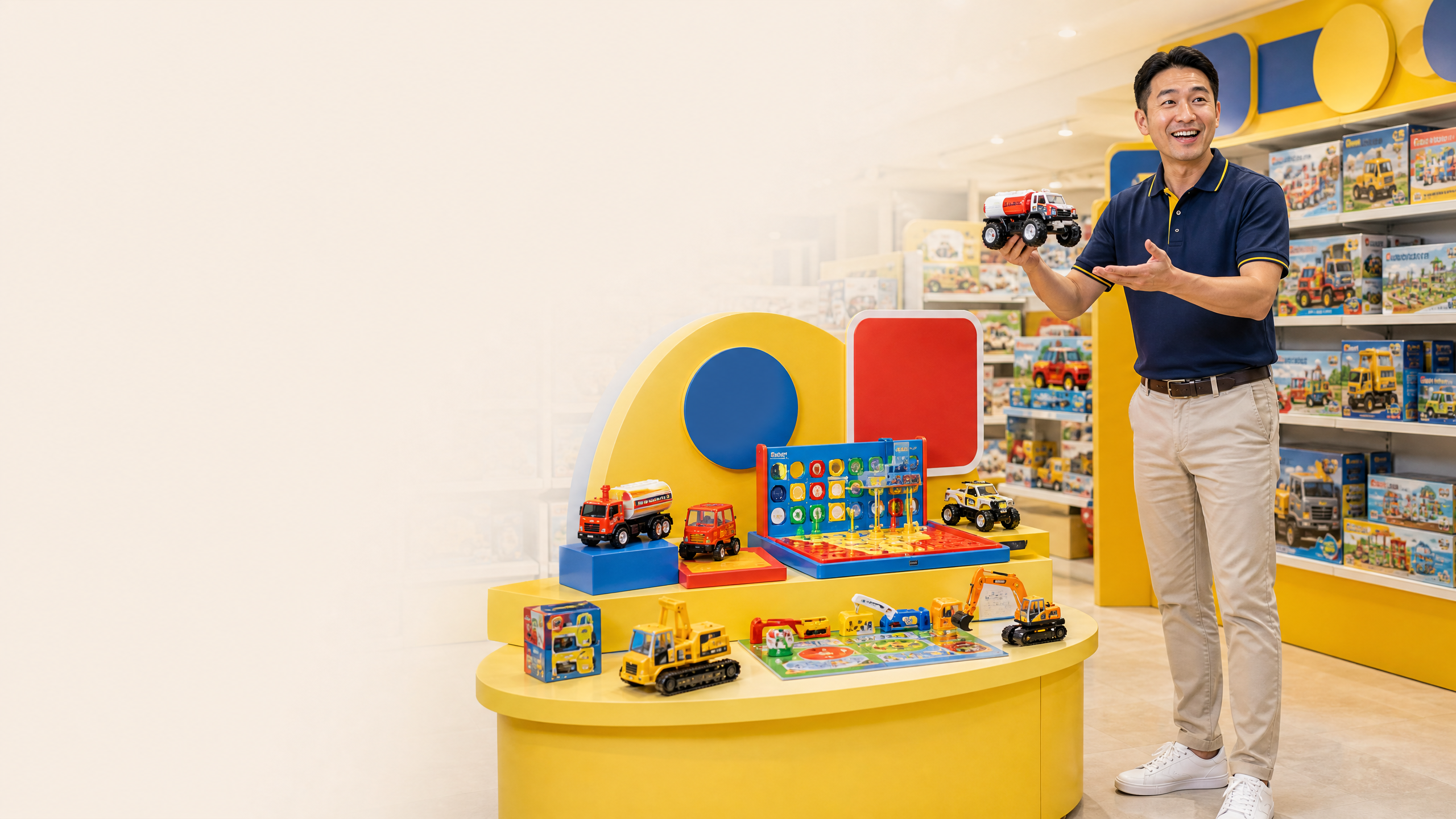Mattel 玩具零售展示與成年推廣員示範的情境
