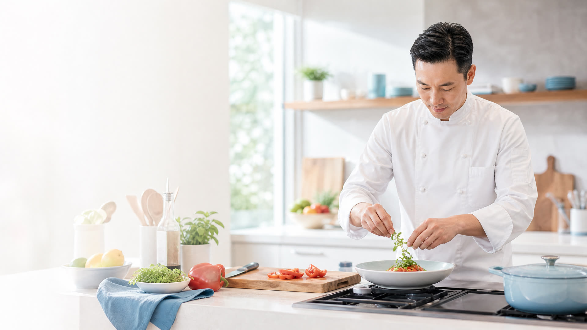 專業廚師在整潔廚房中以新鮮食材和齊全廚具準備菜式，象徵推廣員需要產品與推廣工具配合