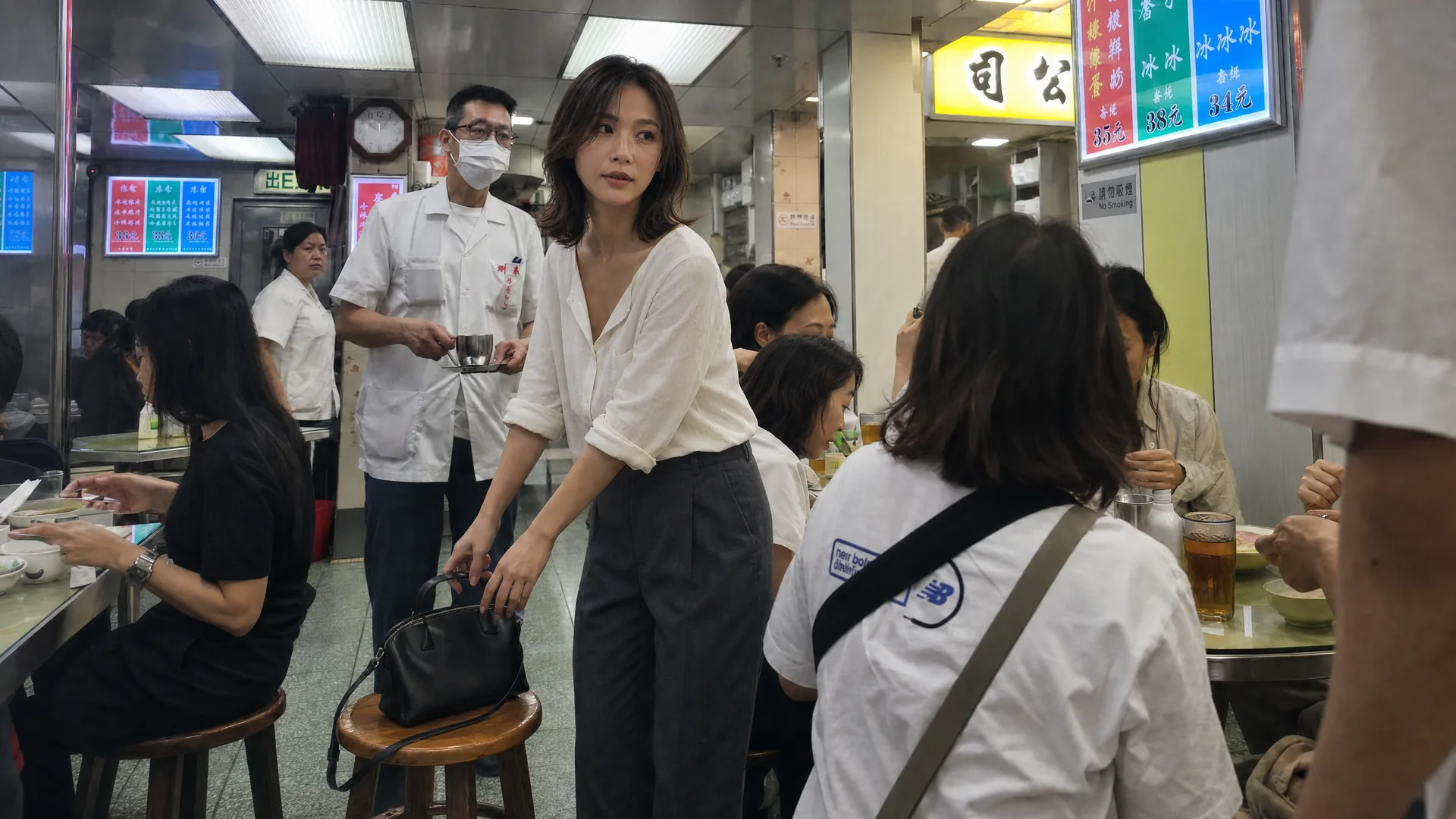 Solene 在澳洲牛奶公司把黑色手袋放上木凳，安靜觀察繁忙走道。