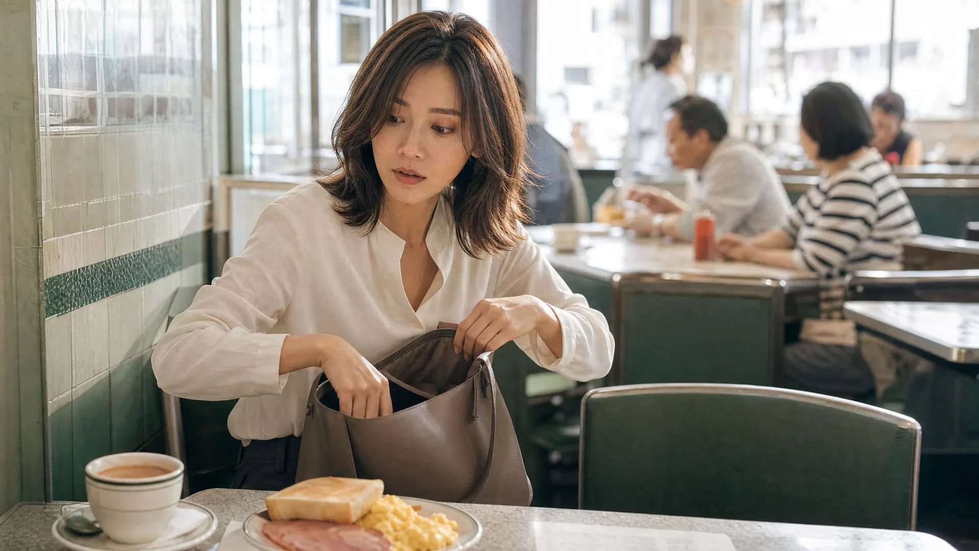 Solene Leung 在早餐桌旁發現自己忘了帶銀包