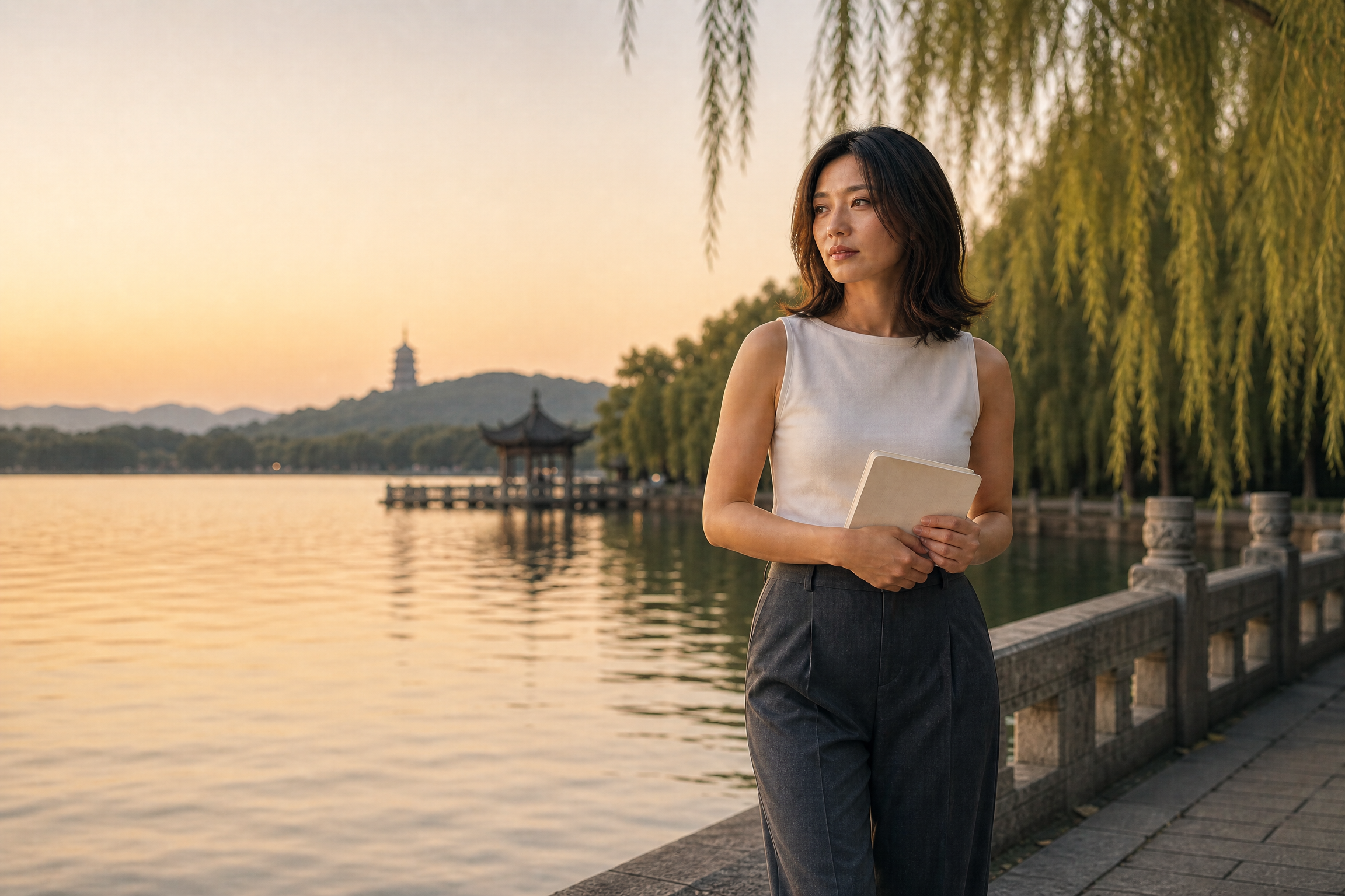 Solene 沿杭州西湖湖畔慢行,手持筆記簿