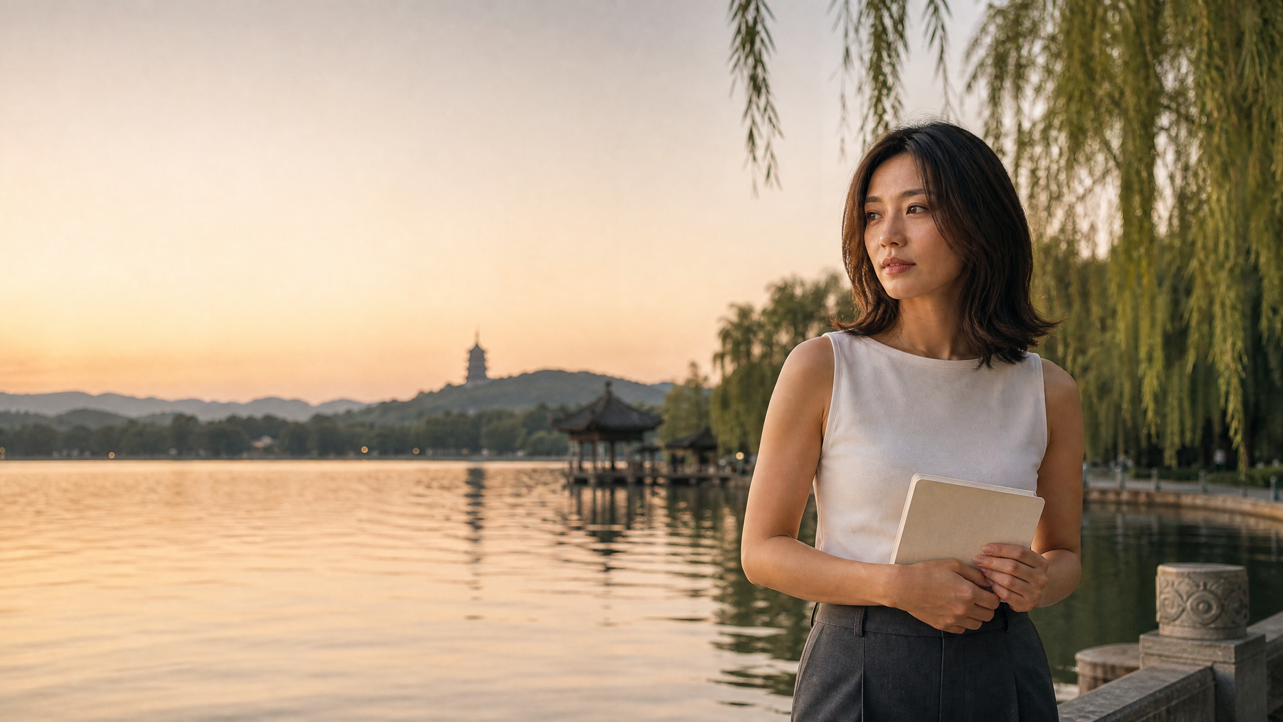 Solene 在杭州西湖湖畔黃昏停步,整理一天工作後的思緒