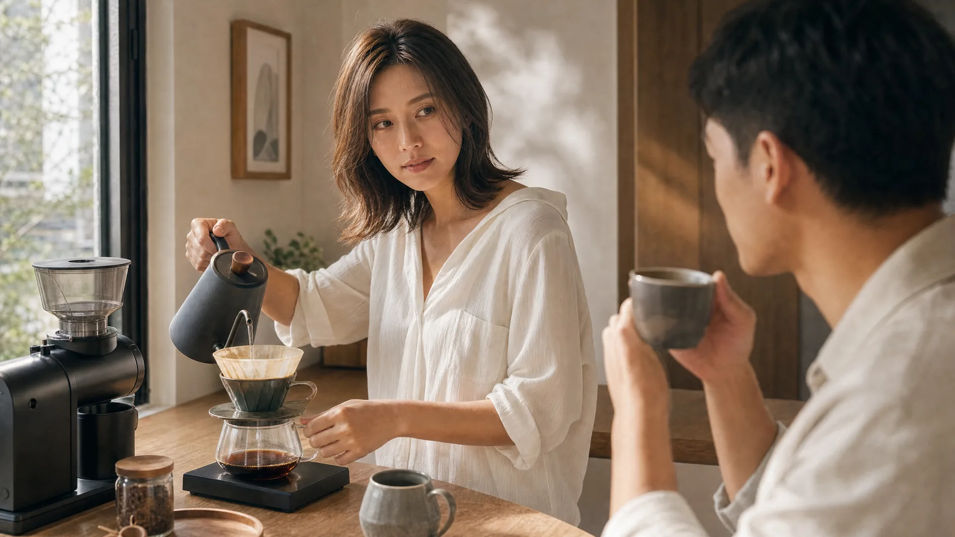 Solene 和陳立信在明亮家居咖啡角手沖咖啡,桌上放著磨豆機、細嘴壺和咖啡杯。