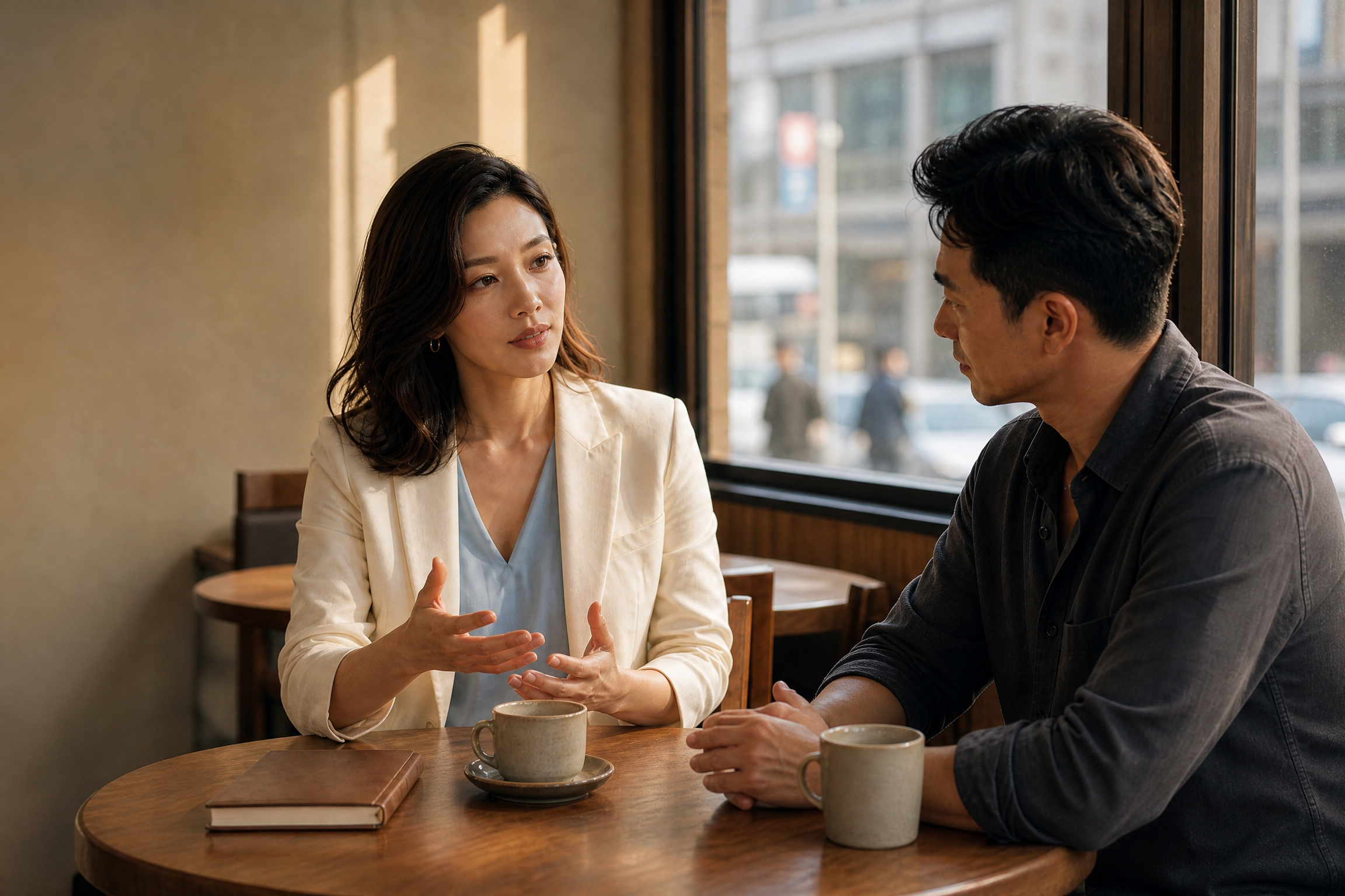 Solène 與立信在咖啡店中認真交談