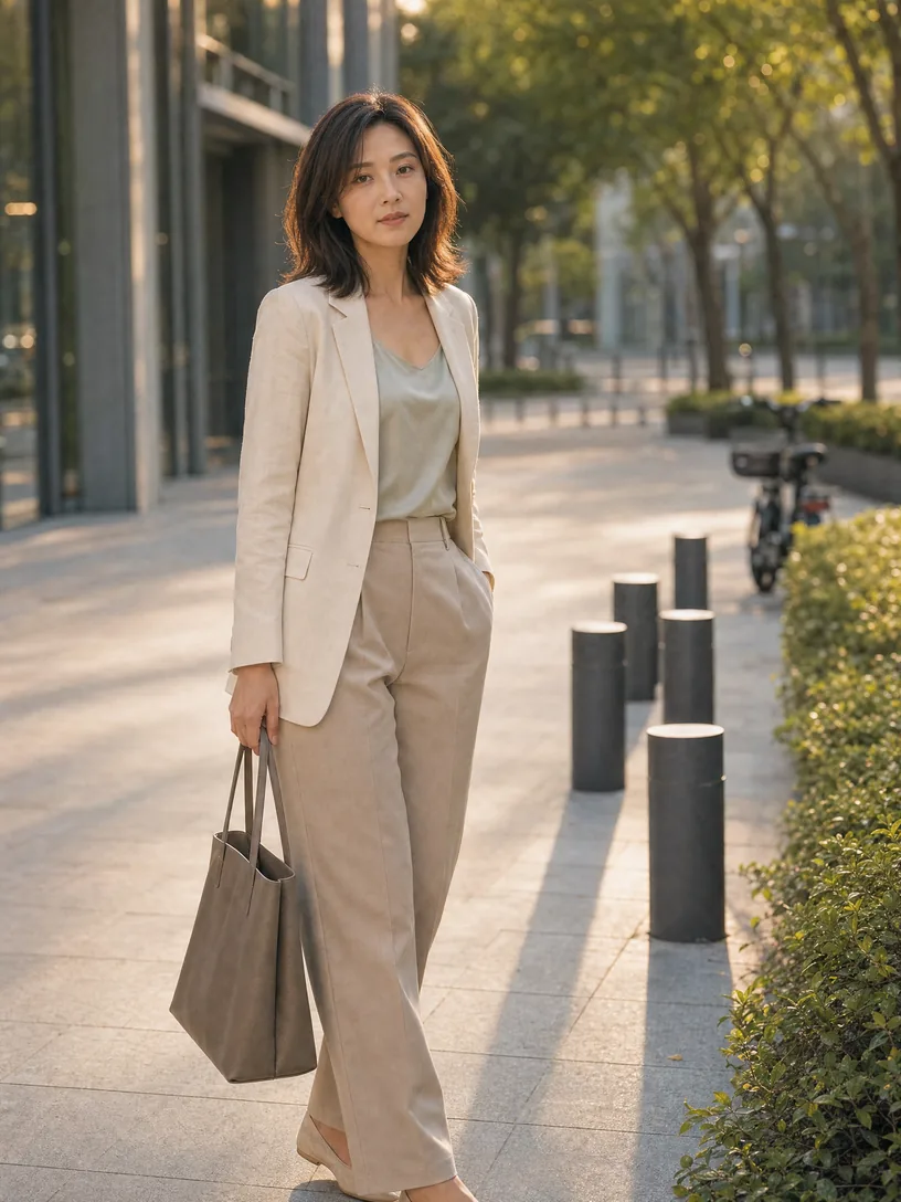 Solene 在深圳人行道旁手提工作袋，安靜停步