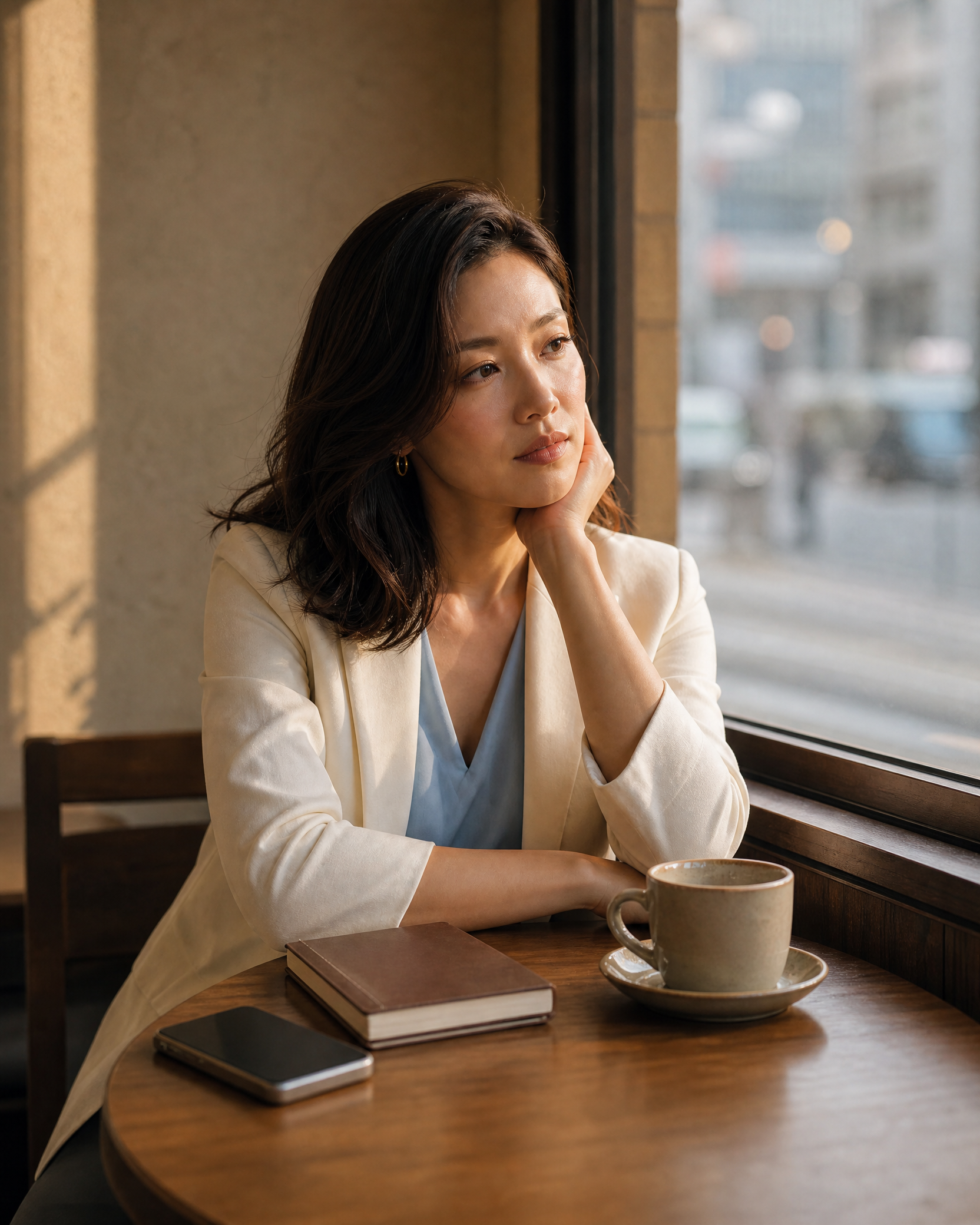 Solène 坐在咖啡店窗邊，安靜思考未來與陪伴
