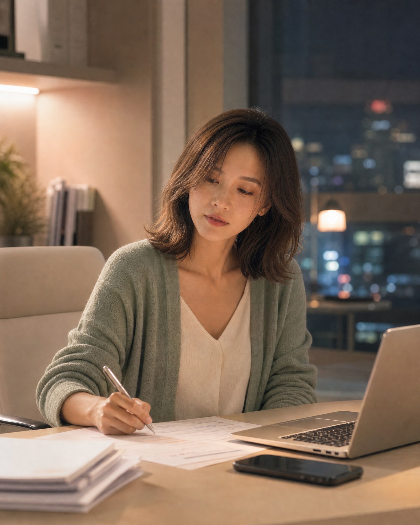 Solène 深夜在辦公室完成文件