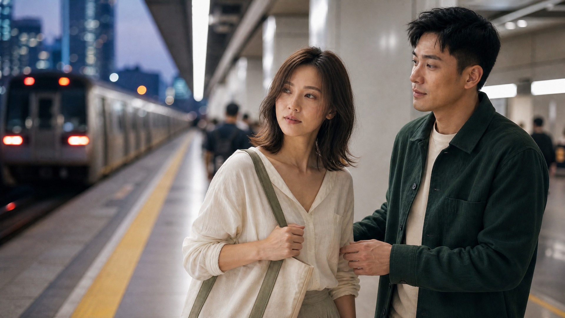 Solène 和立信在香港傍晚地鐵月台站在黃線後，等候下一班列車。